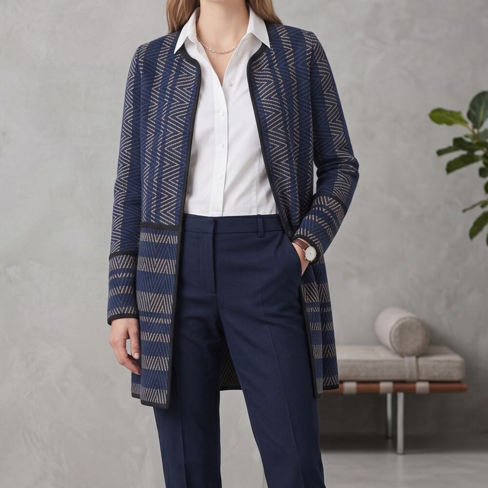 Dana Buchman S Cardigan Sweater Black Blue White Geometric Print Pockets